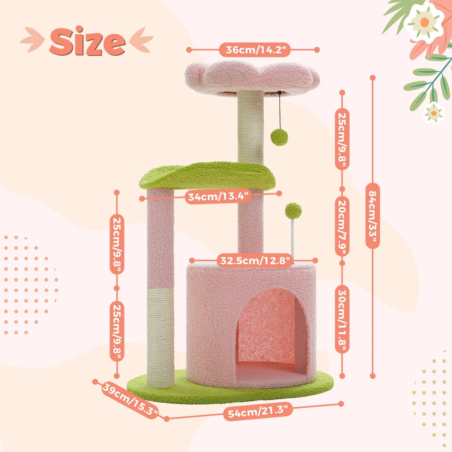 Arbre à chat en forme de cactus – Tour compacte avec condo douillet, perchoir incurvé, coussin amovible, griffoirs en sisal et jouets intégrés