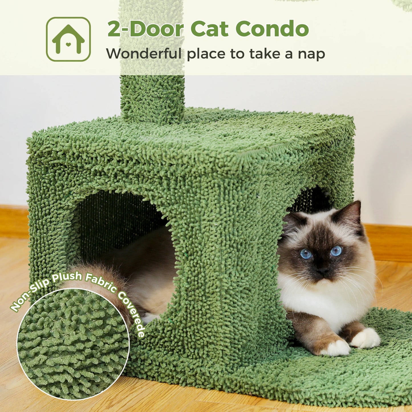 Arbre Ă chat en forme de cactus avec grand condo, hamac douillet, jouet suspendu et griffoirs en sisal â Tour compacte pour chats dâintĂ©rieur