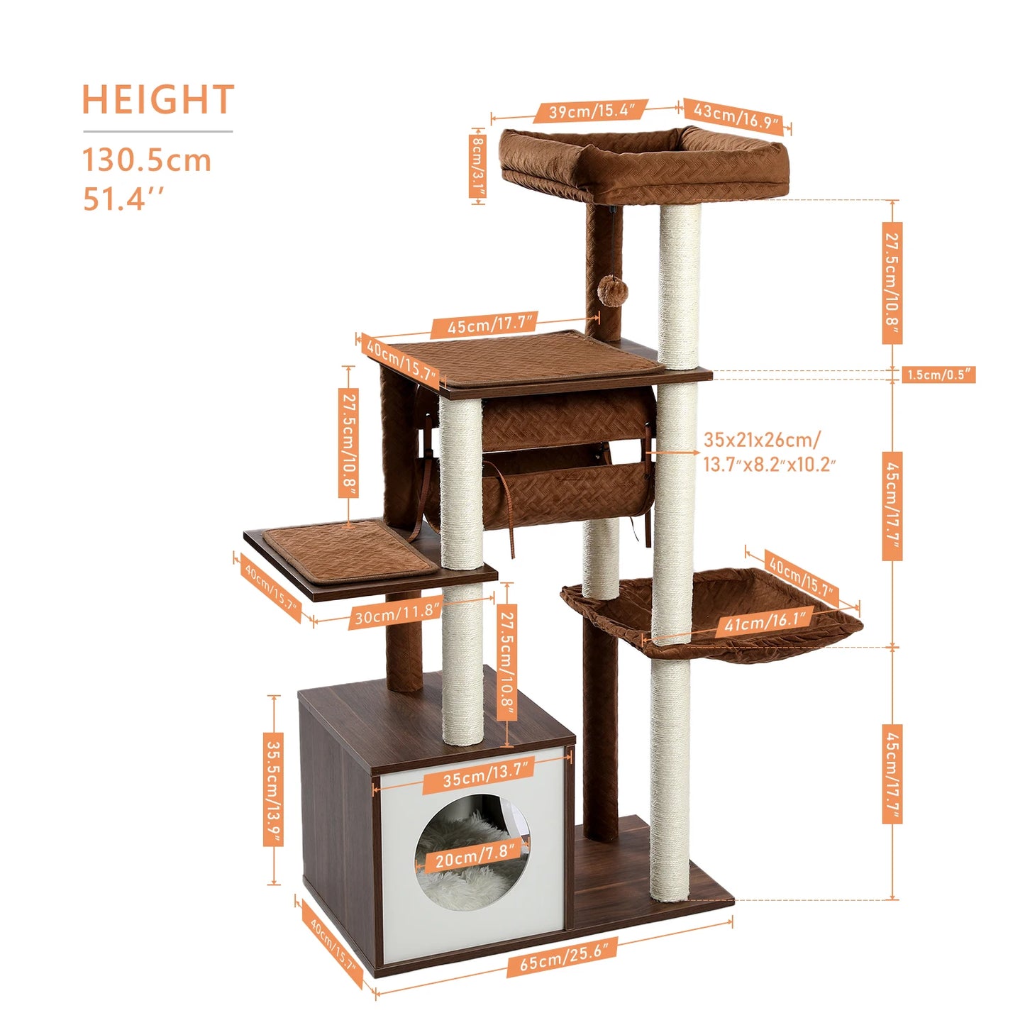 Arbre à chat moderne en bois pour chats d’intérieur – Tour avec condo douillet, hamac suspendu, tunnel de jeu, griffoirs en sisal et jouets intégrés