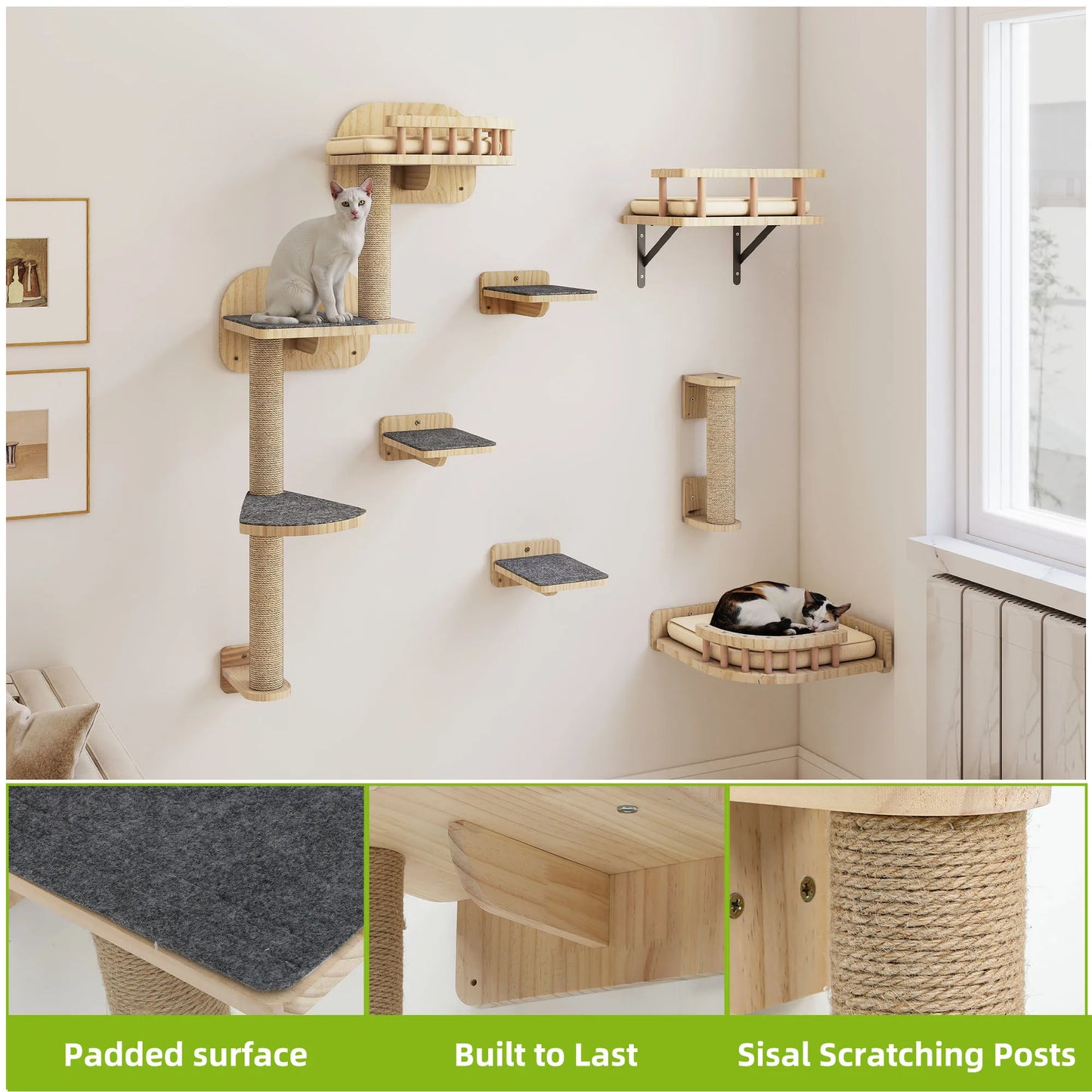 Griffoirs Muraux en Bois 7 pièces – Ensemble mural design pour chats