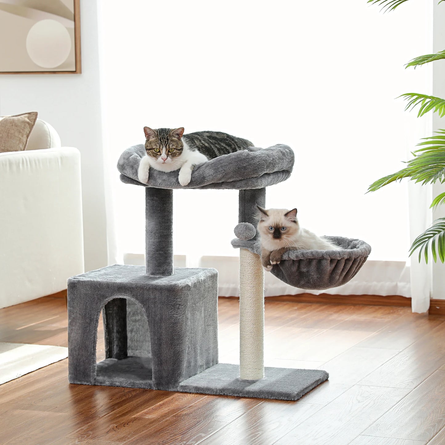 Petit arbre à chat avec griffoir en sisal naturel, grand perchoir et hamac douillet