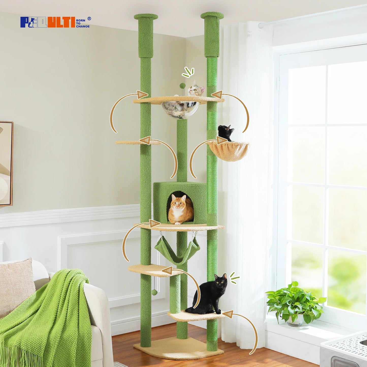 Arbre à chat fixation plafond – Tour avec griffoirs en sisal, condo douillet, hamac et hauteur réglable