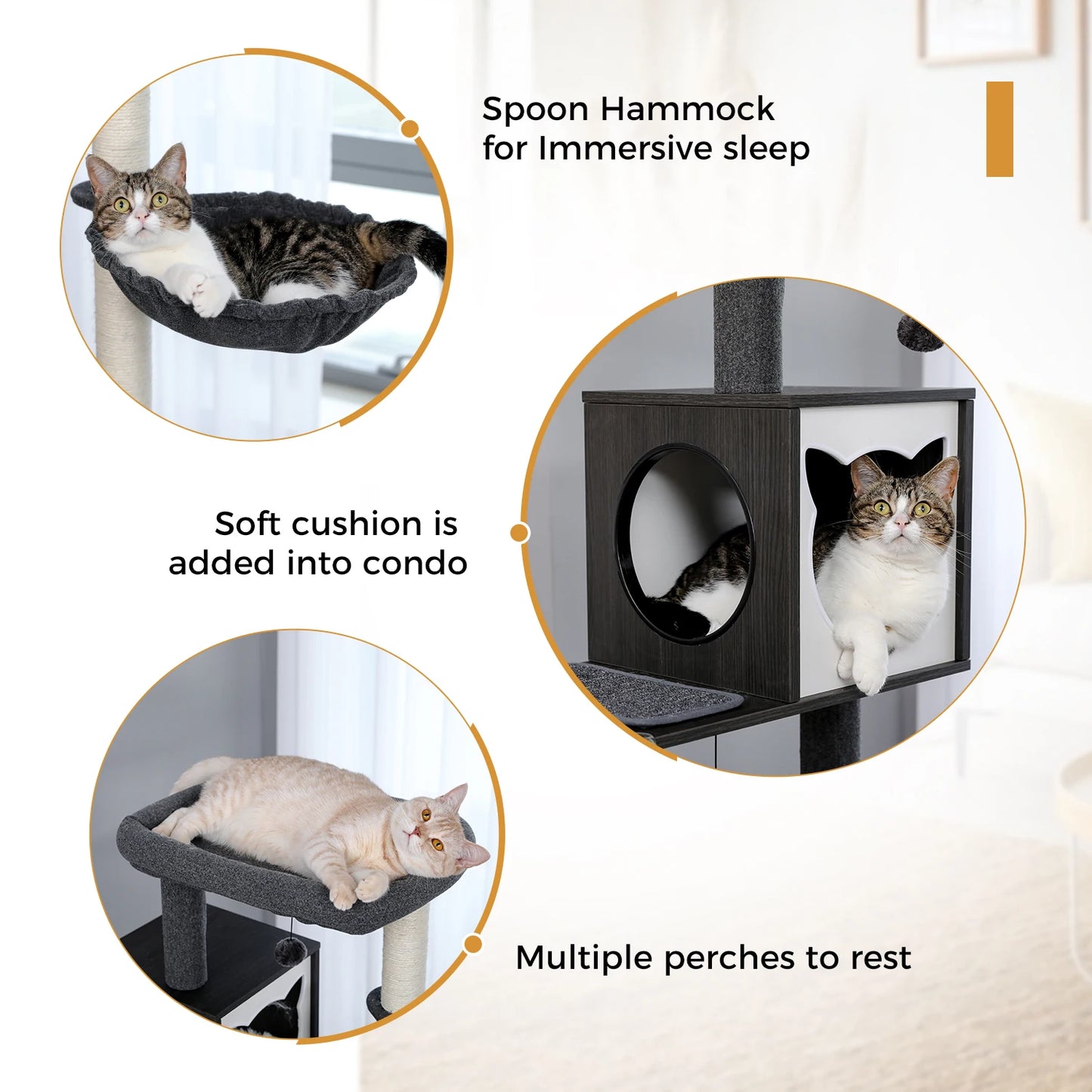 Tour en bois multi-niveaux pour chats d’intérieur – Condo spacieux, hamac douillet, perchoir surélevé, griffoirs en sisal et jouets intégrés