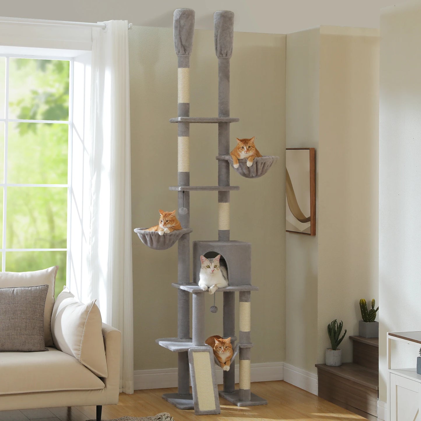 Arbre à chat fixation plafond – Tour avec griffoirs en sisal, condo douillet, hamac et hauteur réglable