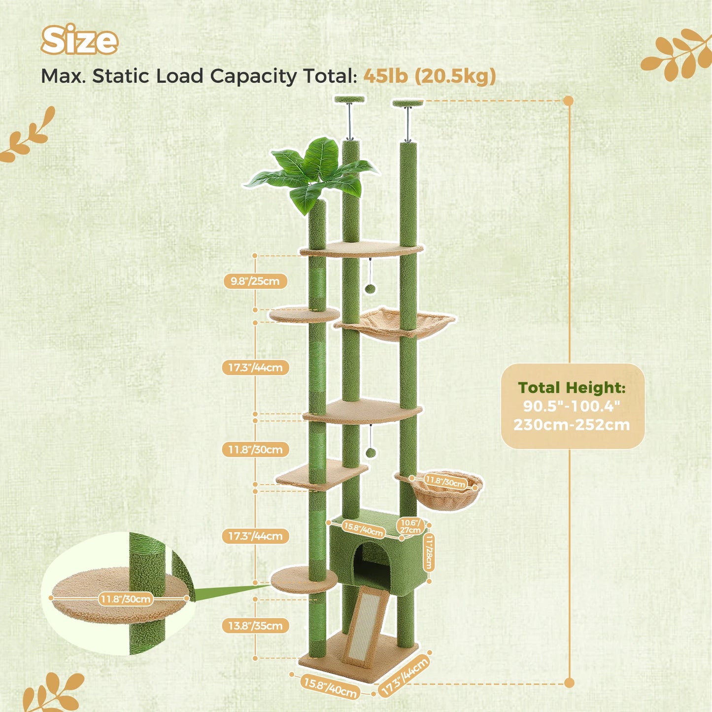 Arbre à chat fixation plafond – Tour avec griffoirs en sisal, condo douillet, hamac et hauteur réglable