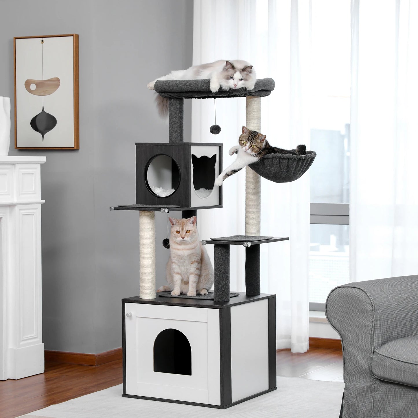 Tour en bois multi-niveaux pour chats d’intérieur – Condo spacieux, hamac douillet, perchoir surélevé, griffoirs en sisal et jouets intégrés