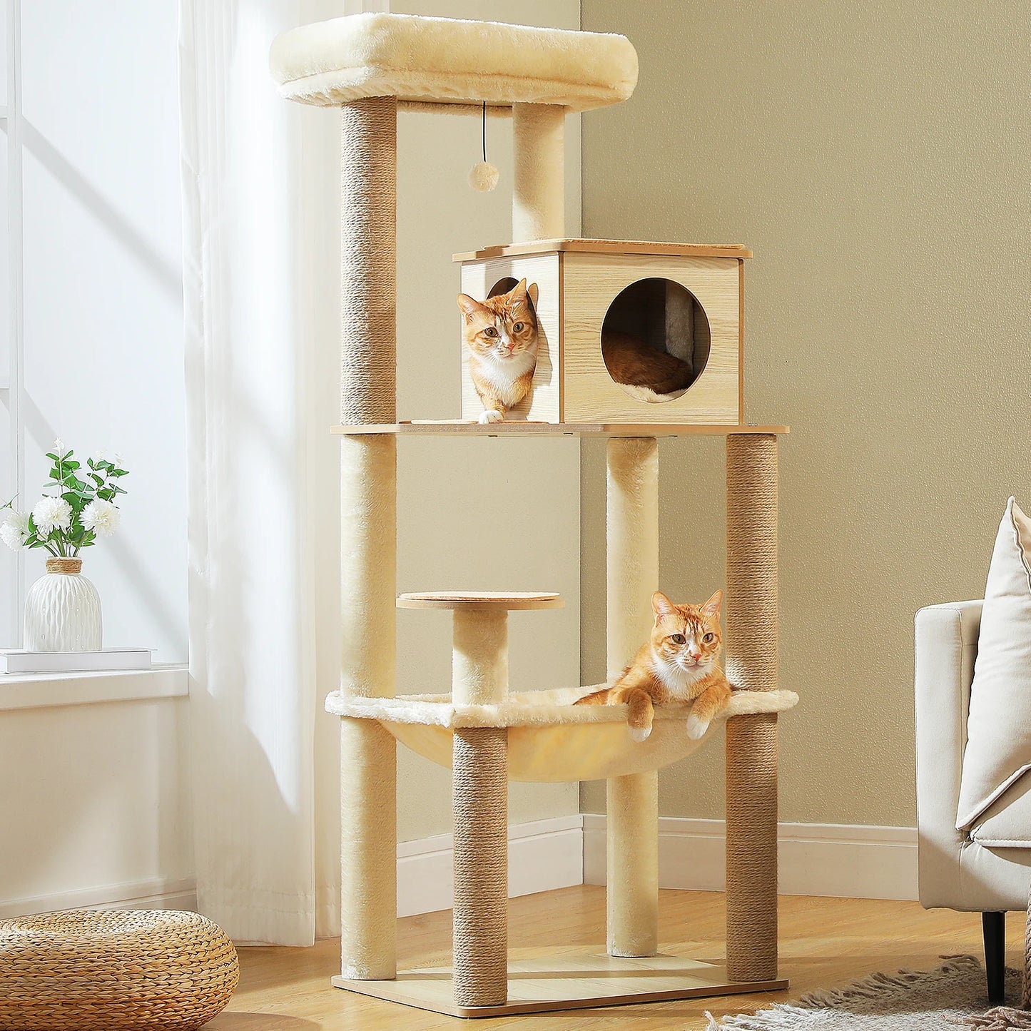 Arbre à chat en bois avec hamac et griffoirs sisal pour grands chats