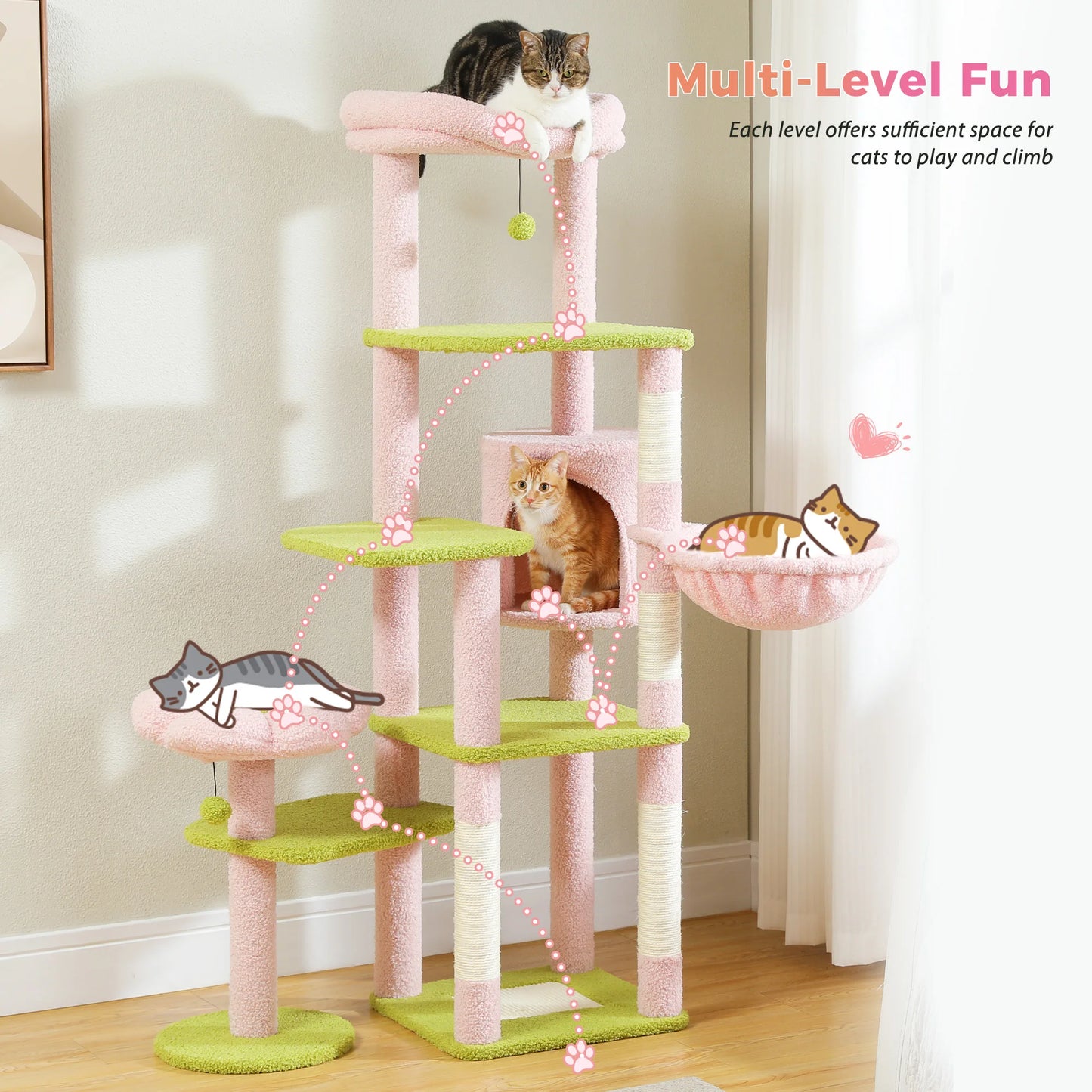 Arbre à chat XXL pour grands félins – Tour haute avec hamac géant, griffoirs en sisal et plateformes robustes