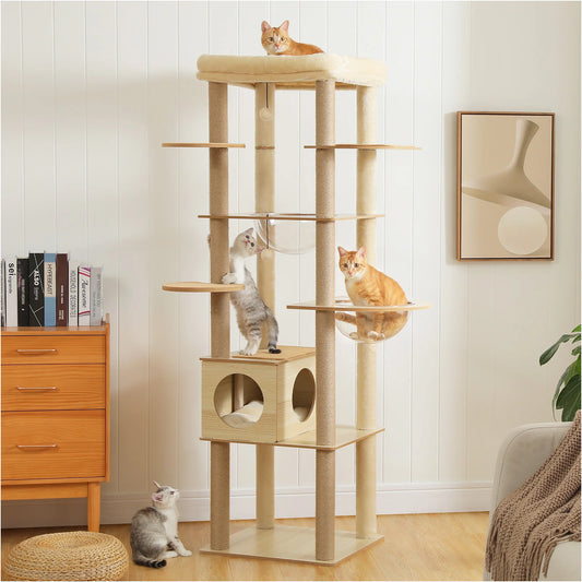 Arbre à chat en bois avec condo spacieux, hamac et griffoirs XXL