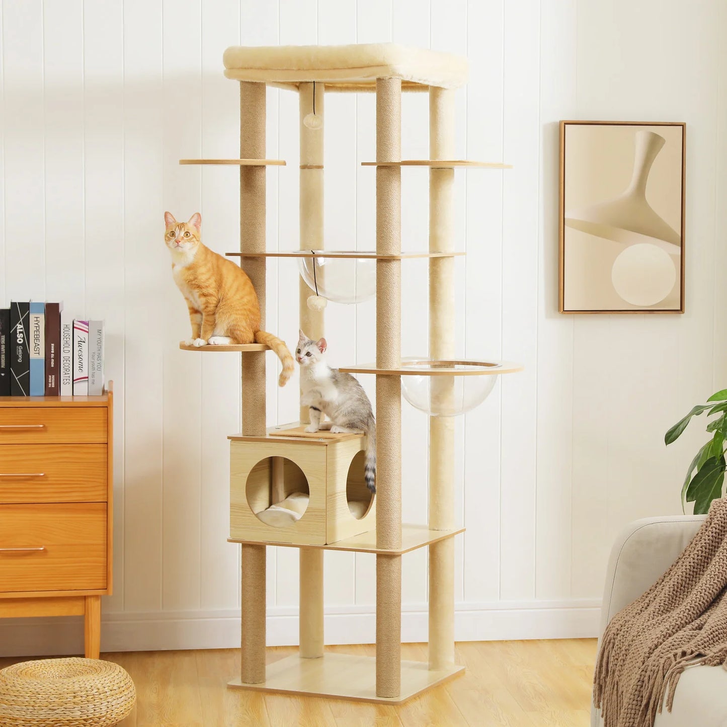 Tour en bois multi-niveaux pour chats d’intérieur – Maison spacieuse, hamac, perchoir, griffoirs en sisal et jouets intégrés