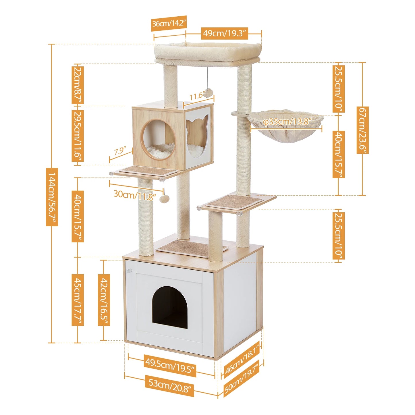 Tour en bois multi-niveaux pour chats d’intérieur – Condo spacieux, hamac douillet, perchoir surélevé, griffoirs en sisal et jouets intégrés