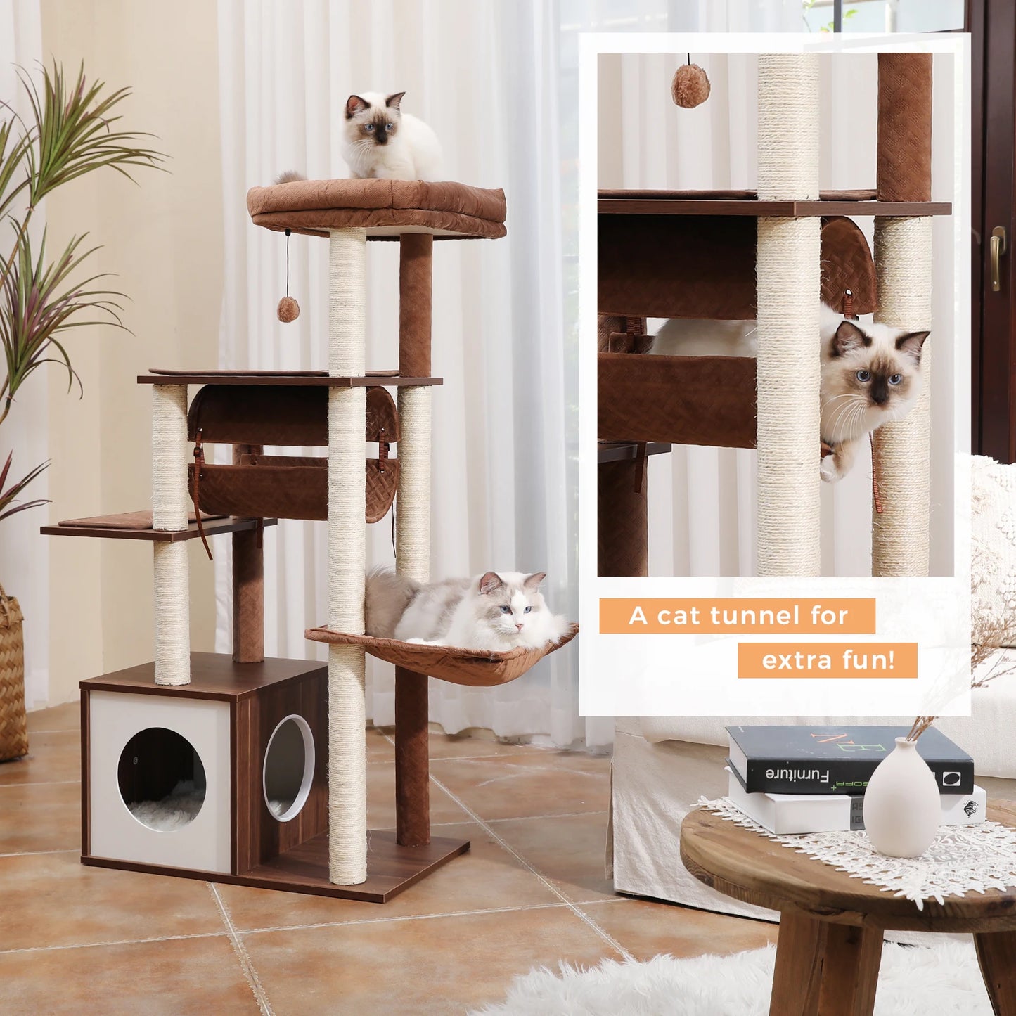 Arbre à chat moderne en bois pour chats d’intérieur – Tour avec condo douillet, hamac suspendu, tunnel de jeu, griffoirs en sisal et jouets intégrés