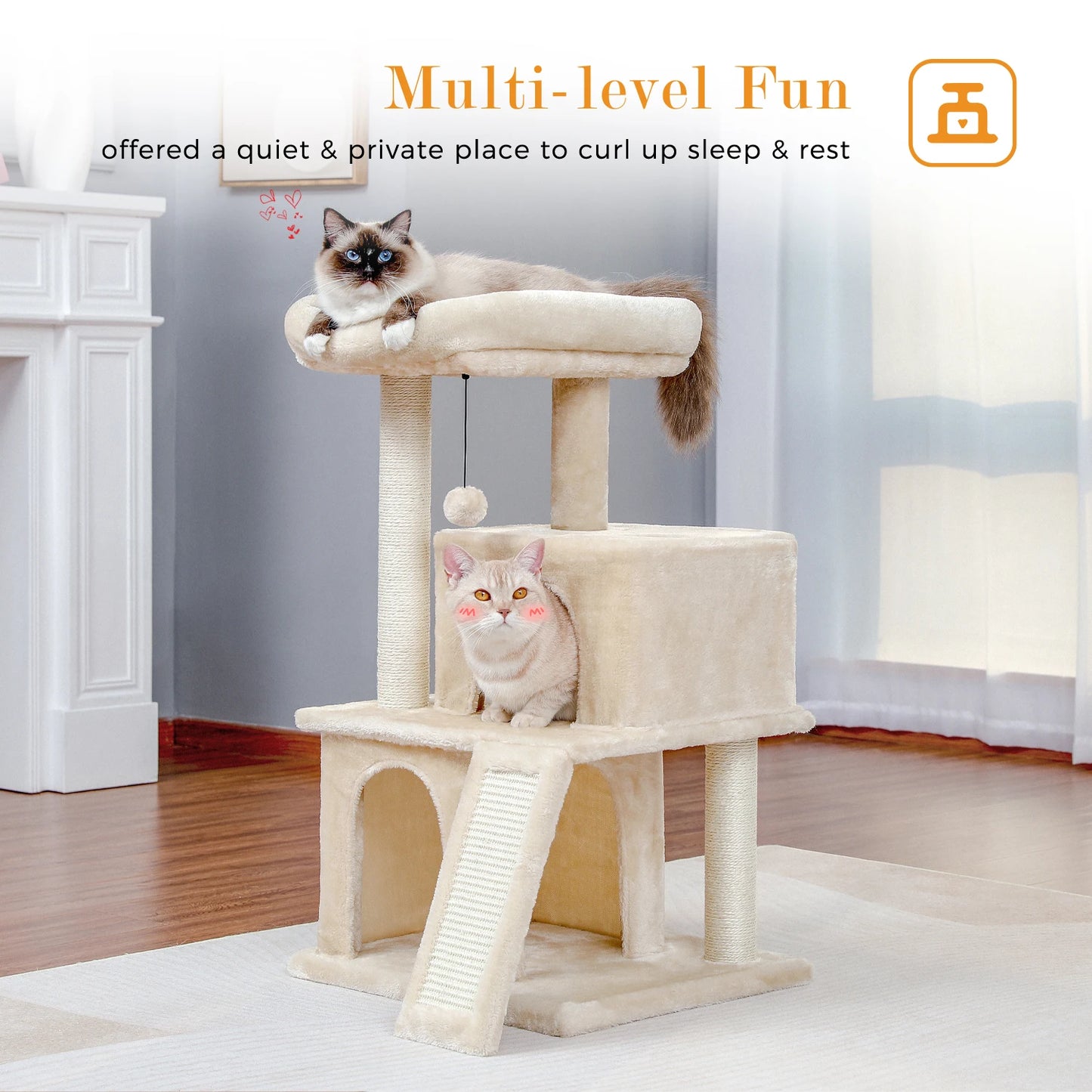 Tour en bois pour chats avec double condos – Perchoir spacieux, poteaux à griffer en sisal et jouets suspendus remplaçables