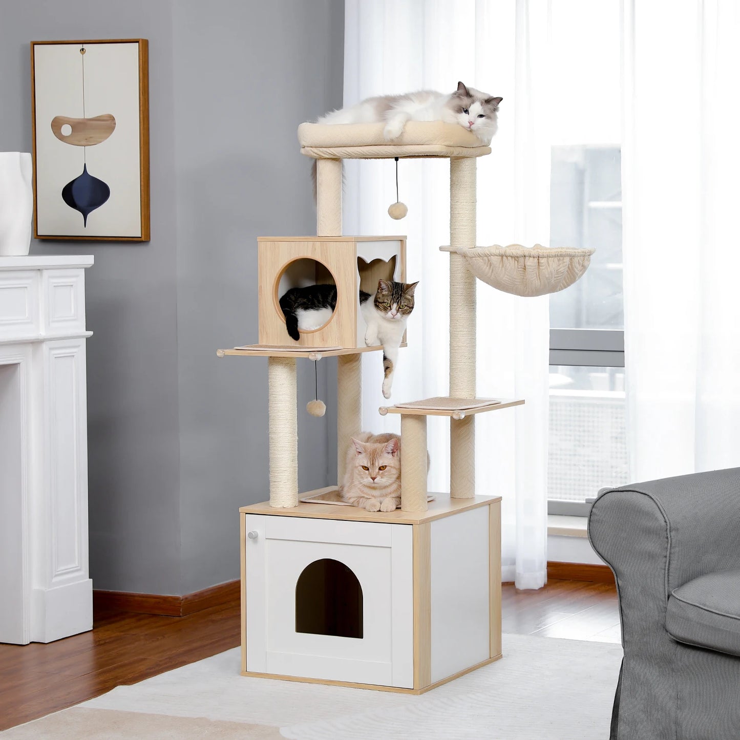 Tour en bois multi-niveaux pour chats d’intérieur – Condo spacieux, hamac douillet, perchoir surélevé, griffoirs en sisal et jouets intégrés