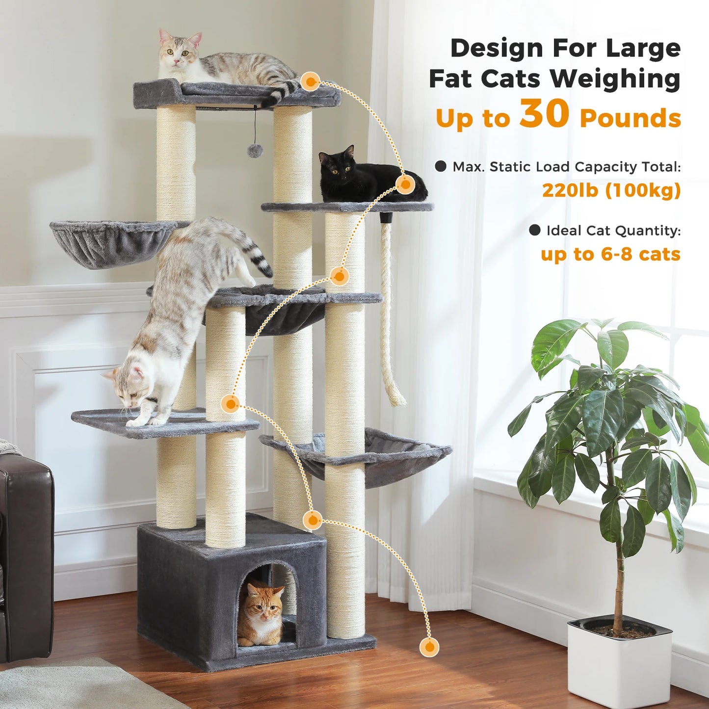 Arbre à chat XXL robuste pour grands chats – Tour avec maison, hamac, griffoirs en sisal et perchoirs multiples