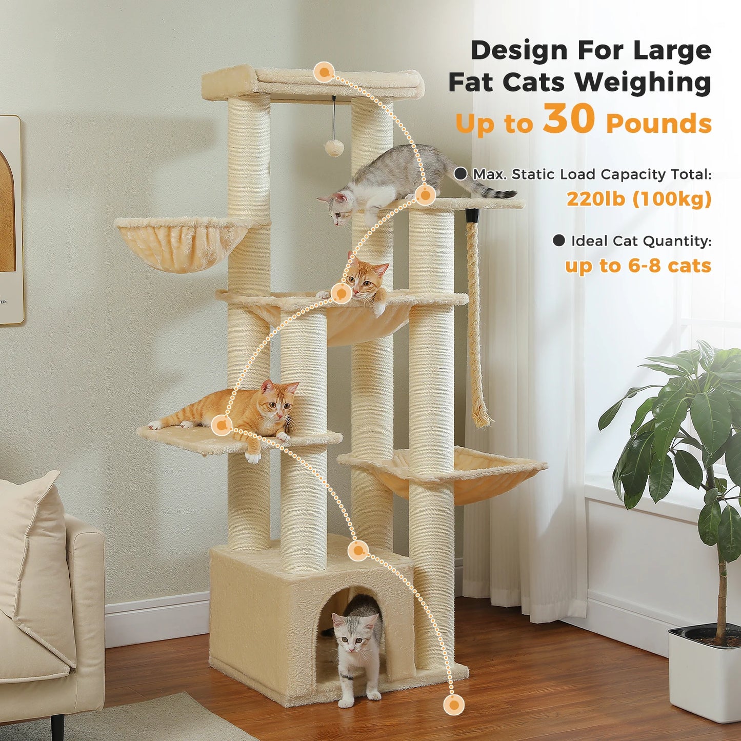 Arbre à chat XXL robuste pour grands chats – Tour avec maison, hamac, griffoirs en sisal et perchoirs multiples