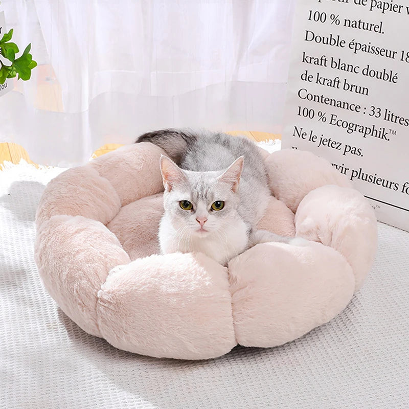 Coussin en forme de fleur pour chat – Lit douillet et chaud pour l’hiver