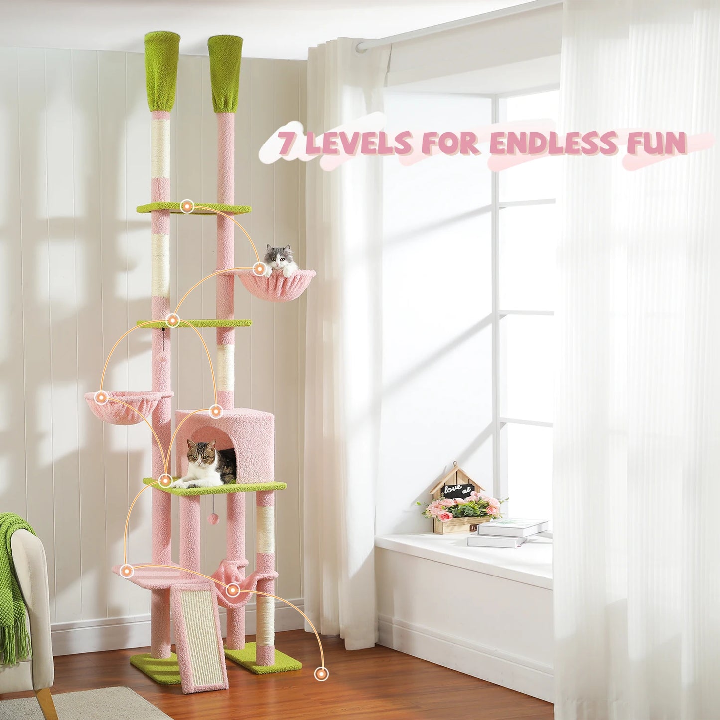 Arbre à chat fixation plafond – Tour avec griffoirs en sisal, condo douillet, hamac et hauteur réglable