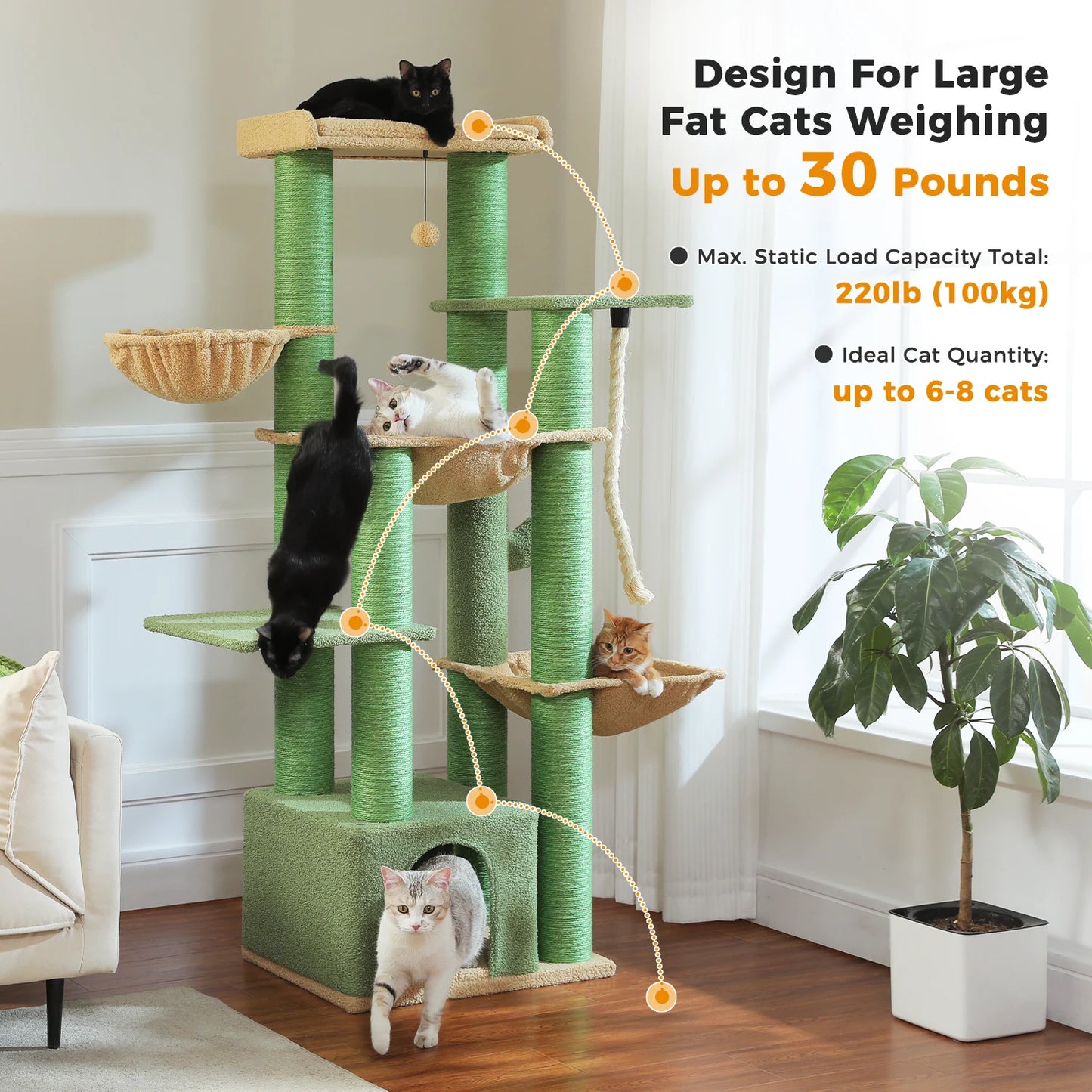 Arbre à chat XXL robuste pour grands chats – Tour avec maison, hamac, griffoirs en sisal et perchoirs multiples