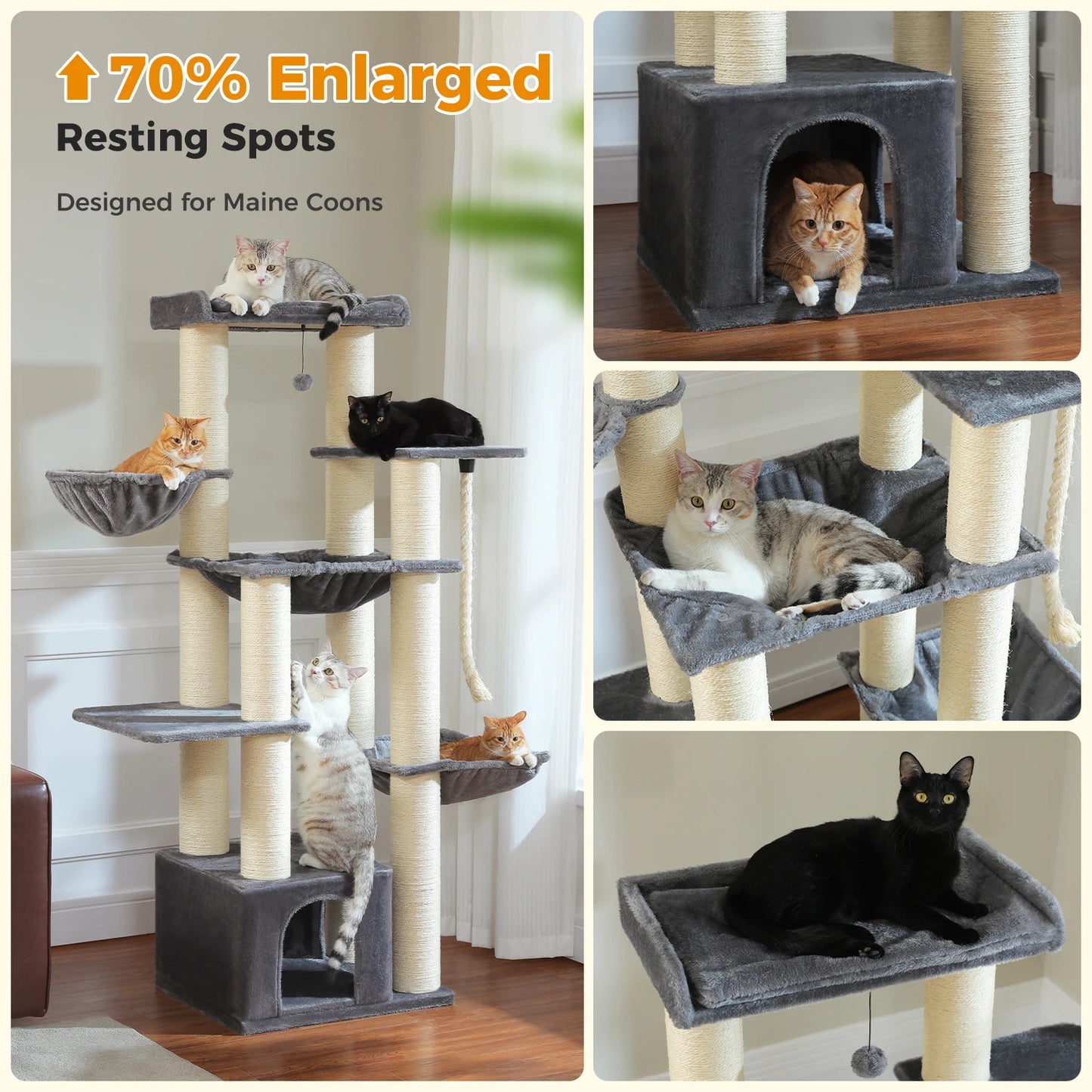 Arbre à chat XXL robuste pour grands chats – Tour avec maison, hamac, griffoirs en sisal et perchoirs multiples