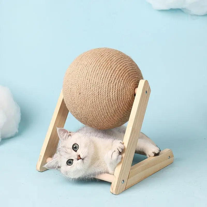 Griffoir balle en sisal pour chat – Jouet rotatif sur support en bois