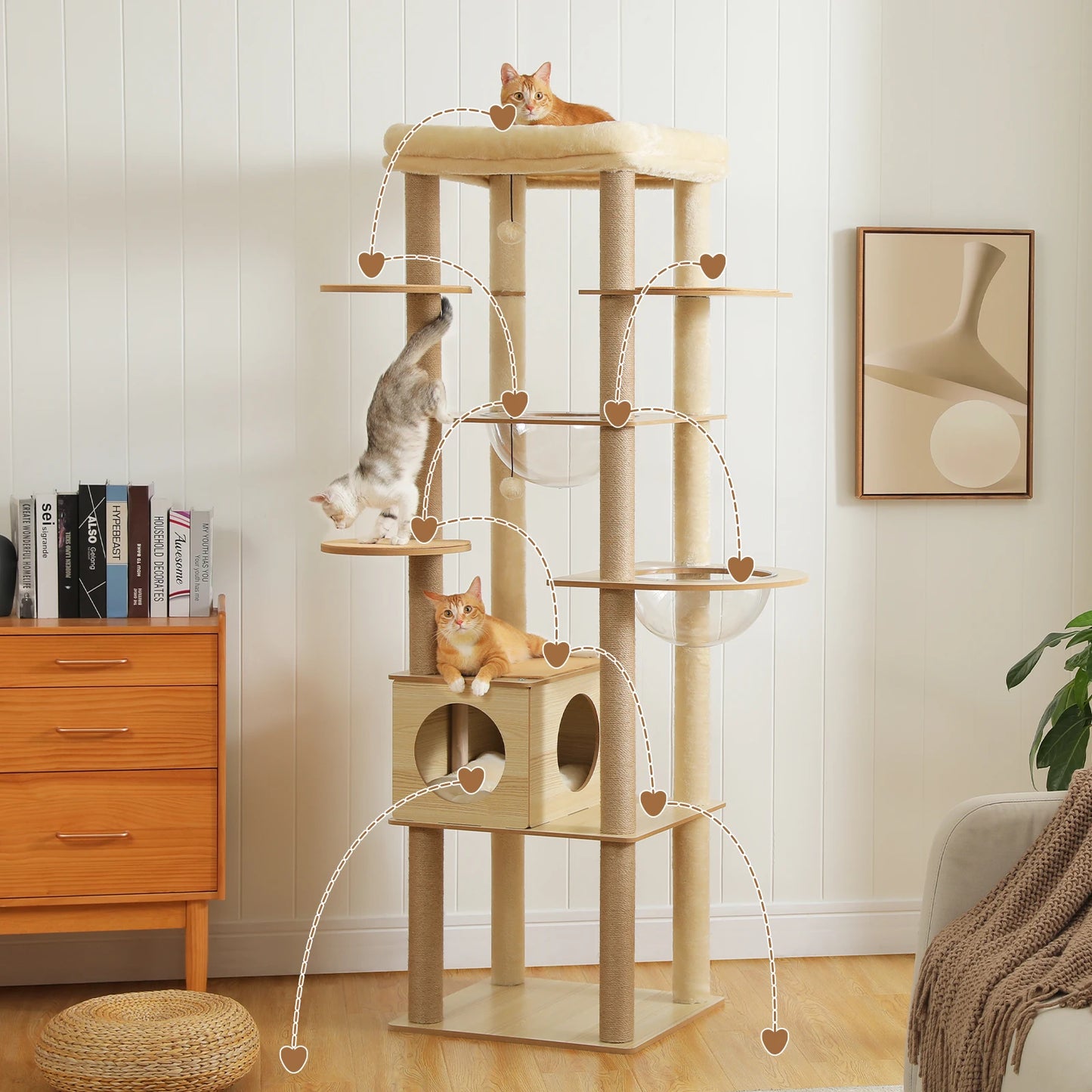 Arbre à chat en bois avec condo spacieux, hamac et griffoirs XXL