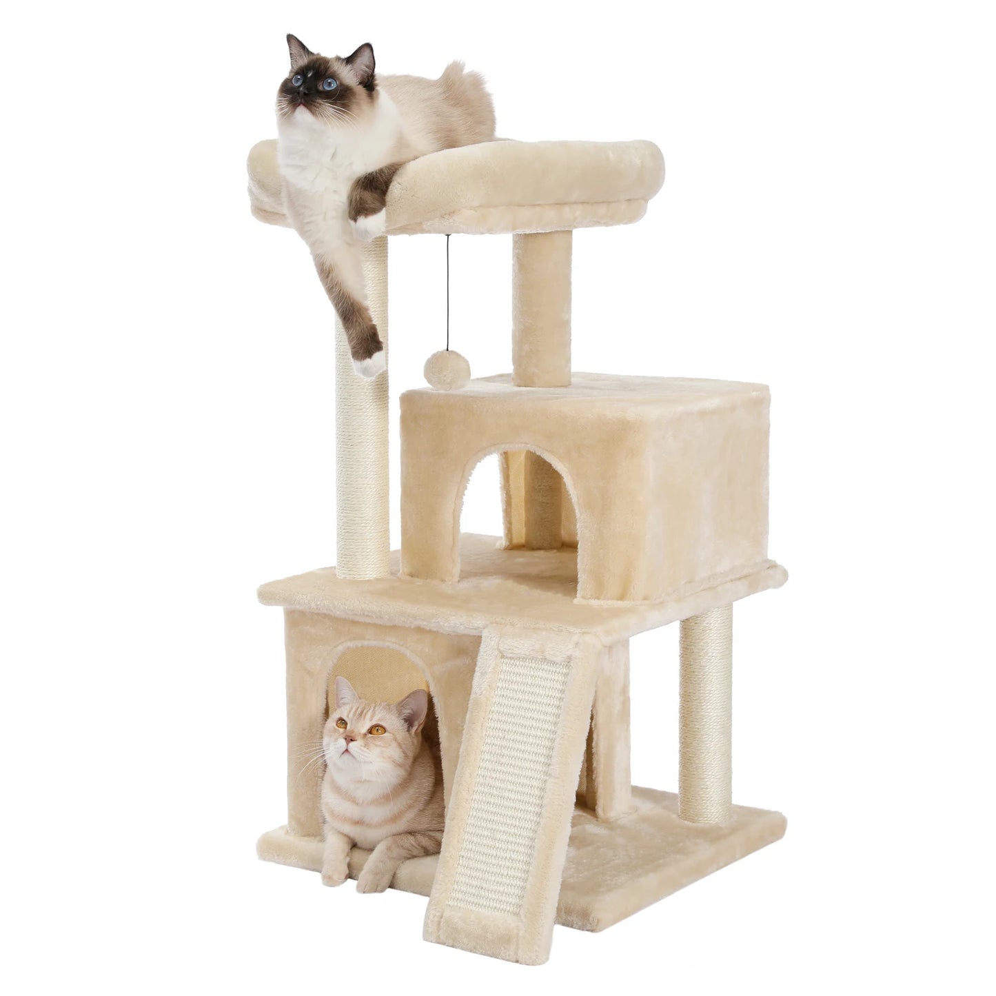Tour en bois pour chats avec double condos – Perchoir spacieux, poteaux à griffer en sisal et jouets suspendus remplaçables