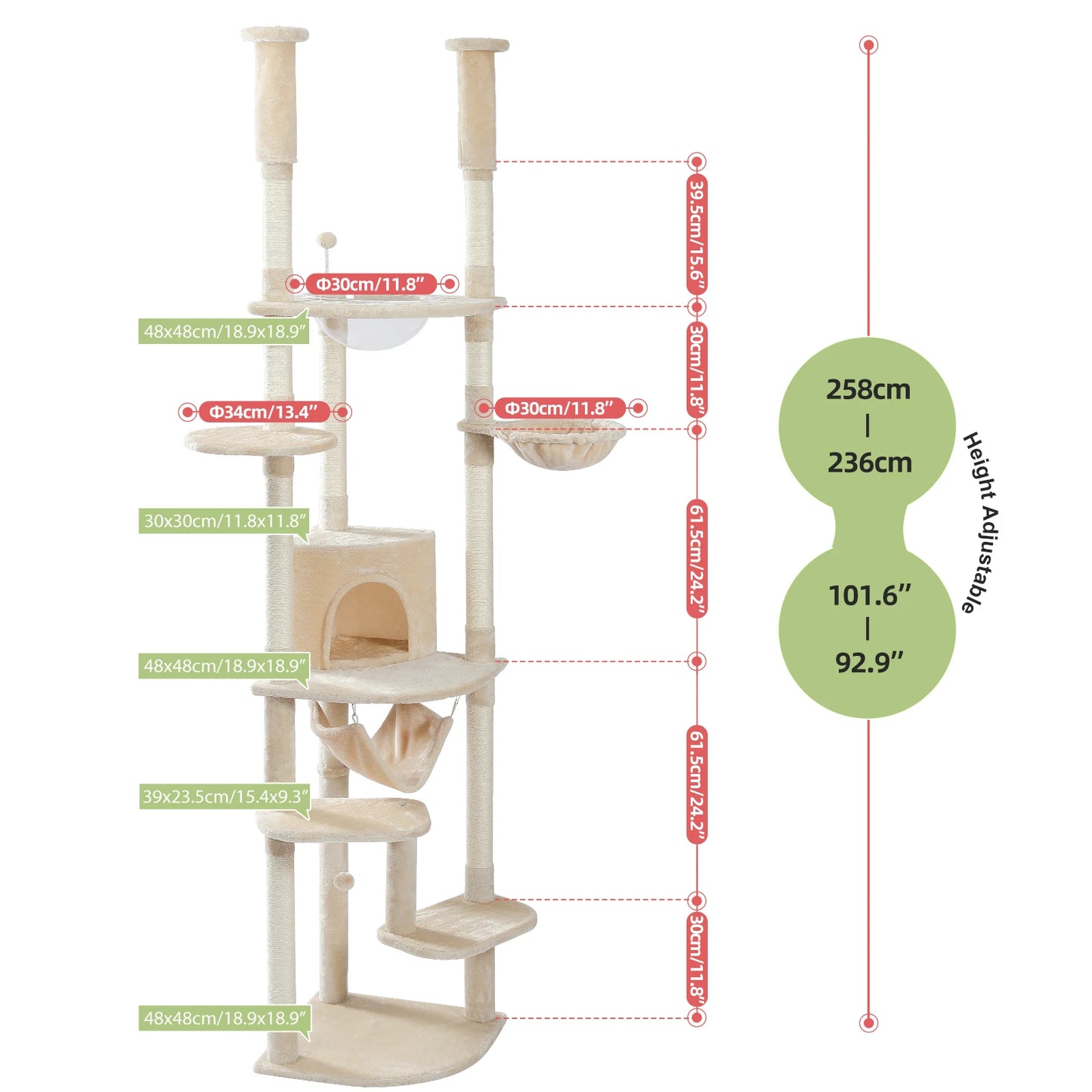 Arbre à chat fixation plafond – Tour avec griffoirs en sisal, condo douillet, hamac et hauteur réglable