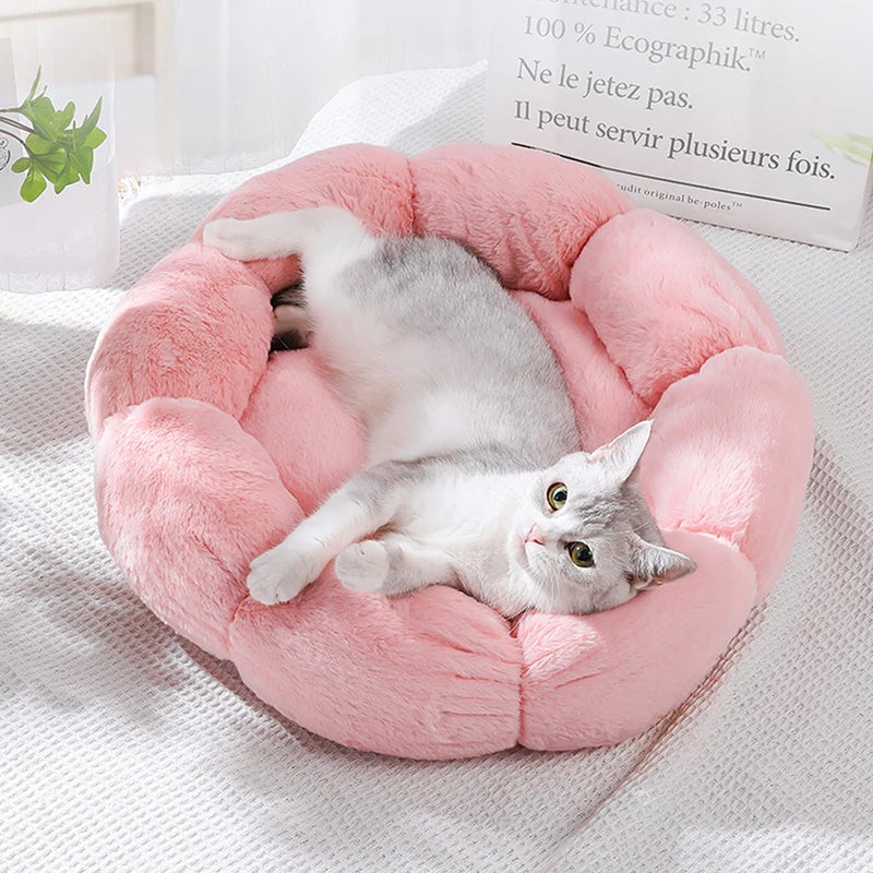 Coussin en forme de fleur pour chat – Lit douillet et chaud pour l’hiver