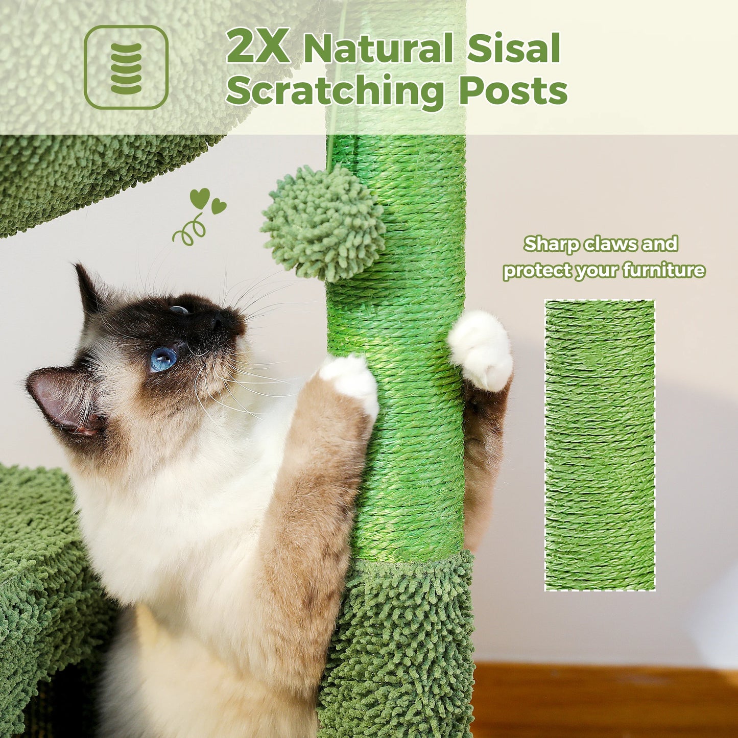 Arbre à chat en forme de cactus avec grand condo, hamac douillet, jouet suspendu et griffoirs en sisal – Tour compacte pour chats d’intérieur
