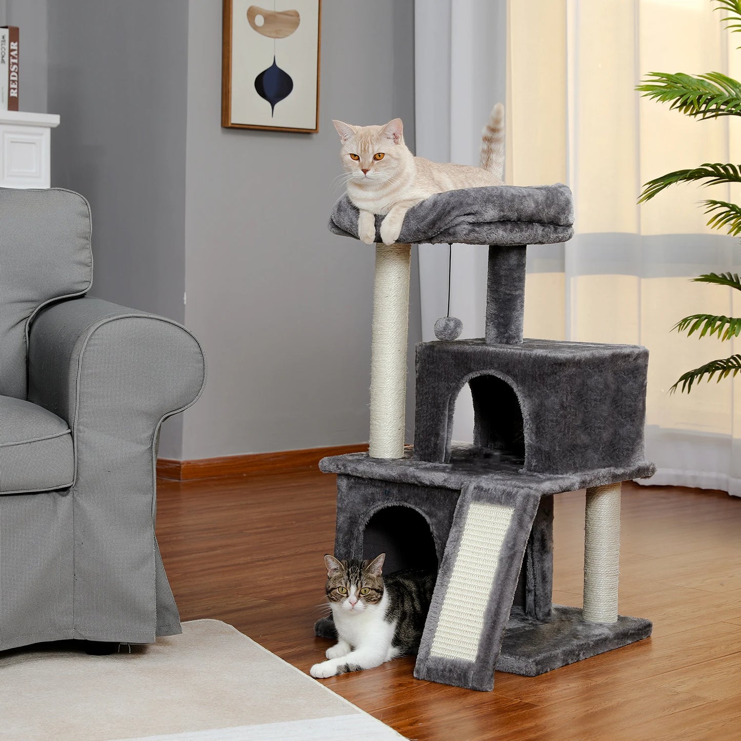 Tour en bois pour chats avec double condos – Perchoir spacieux, poteaux à griffer en sisal et jouets suspendus remplaçables