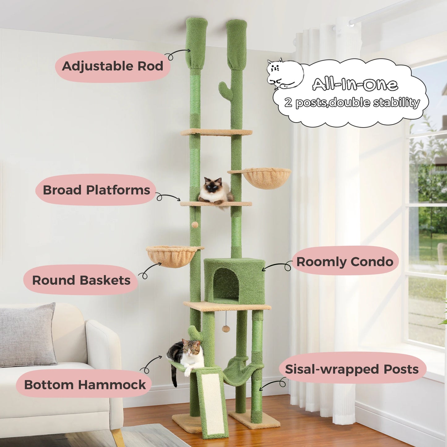 Arbre à chat fixation plafond – Tour avec griffoirs en sisal, condo douillet, hamac et hauteur réglable