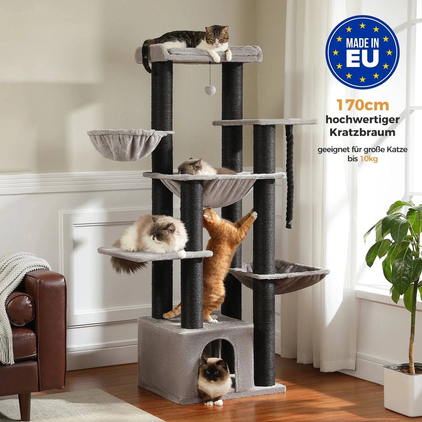Arbre à chat XXL robuste pour grands chats – Tour avec maison, hamac, griffoirs en sisal et perchoirs multiples