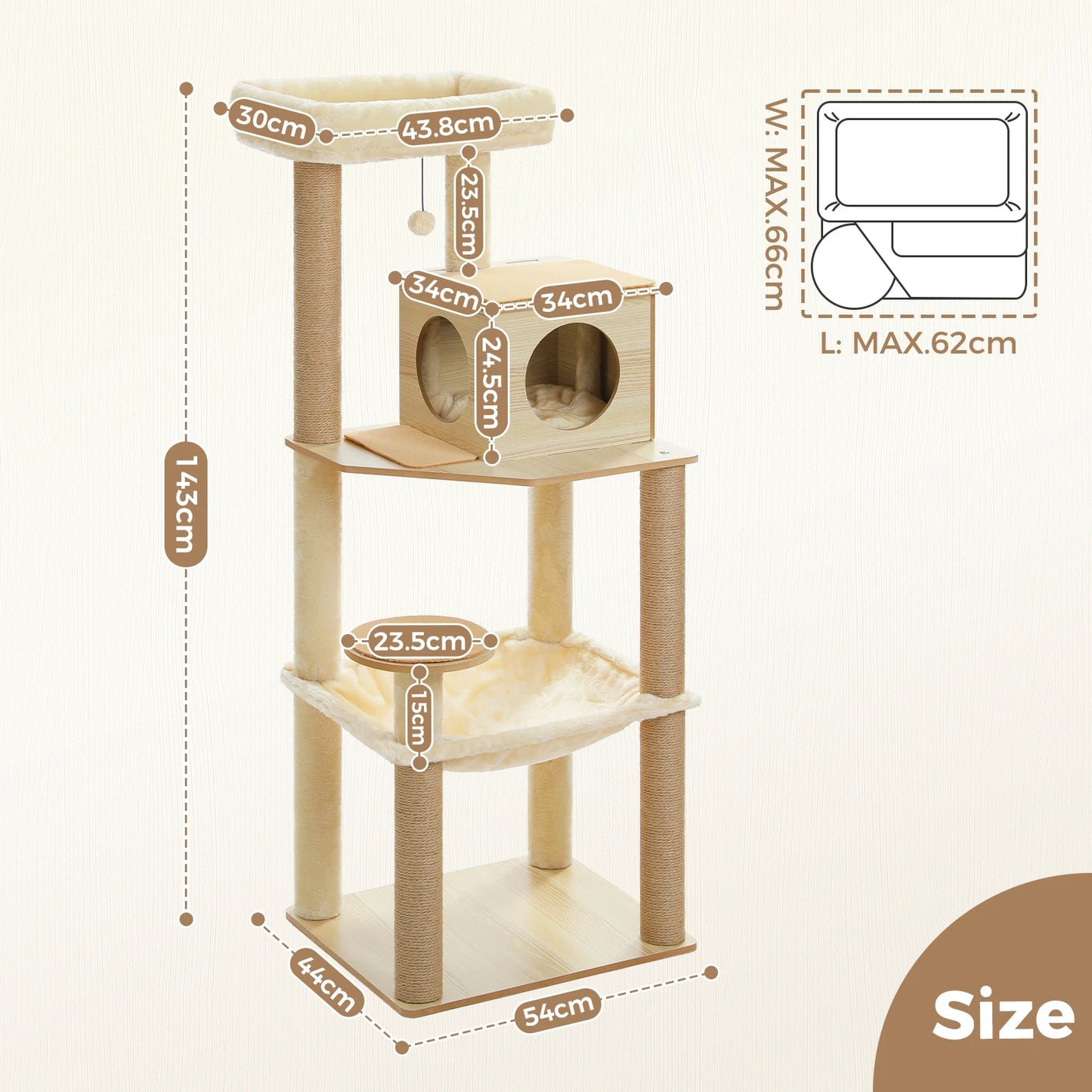 Arbre à chat en bois avec hamac et griffoirs sisal pour grands chats