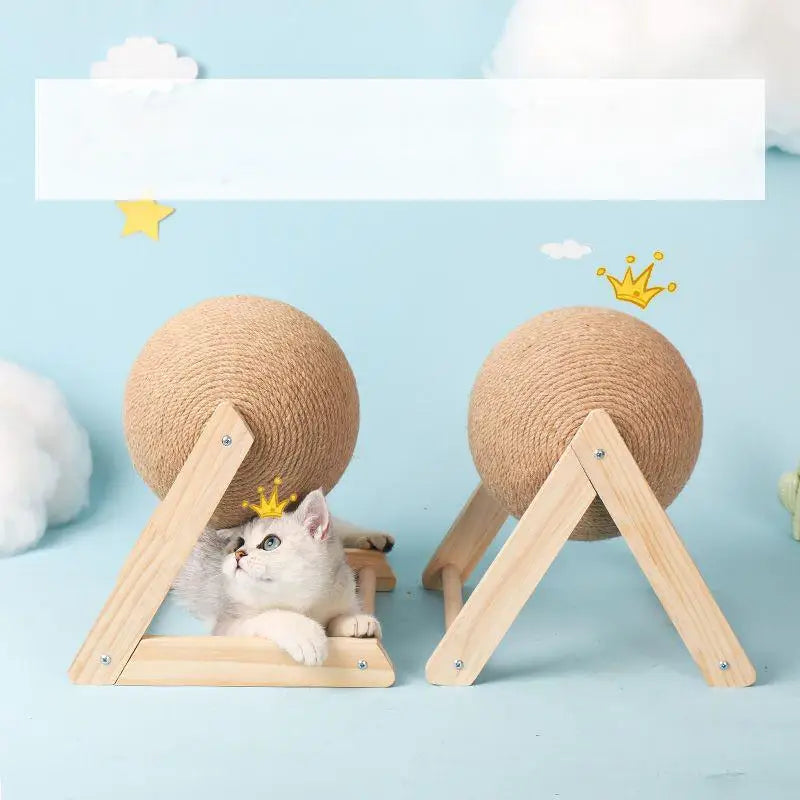 Griffoir balle en sisal pour chat – Jouet rotatif sur support en bois