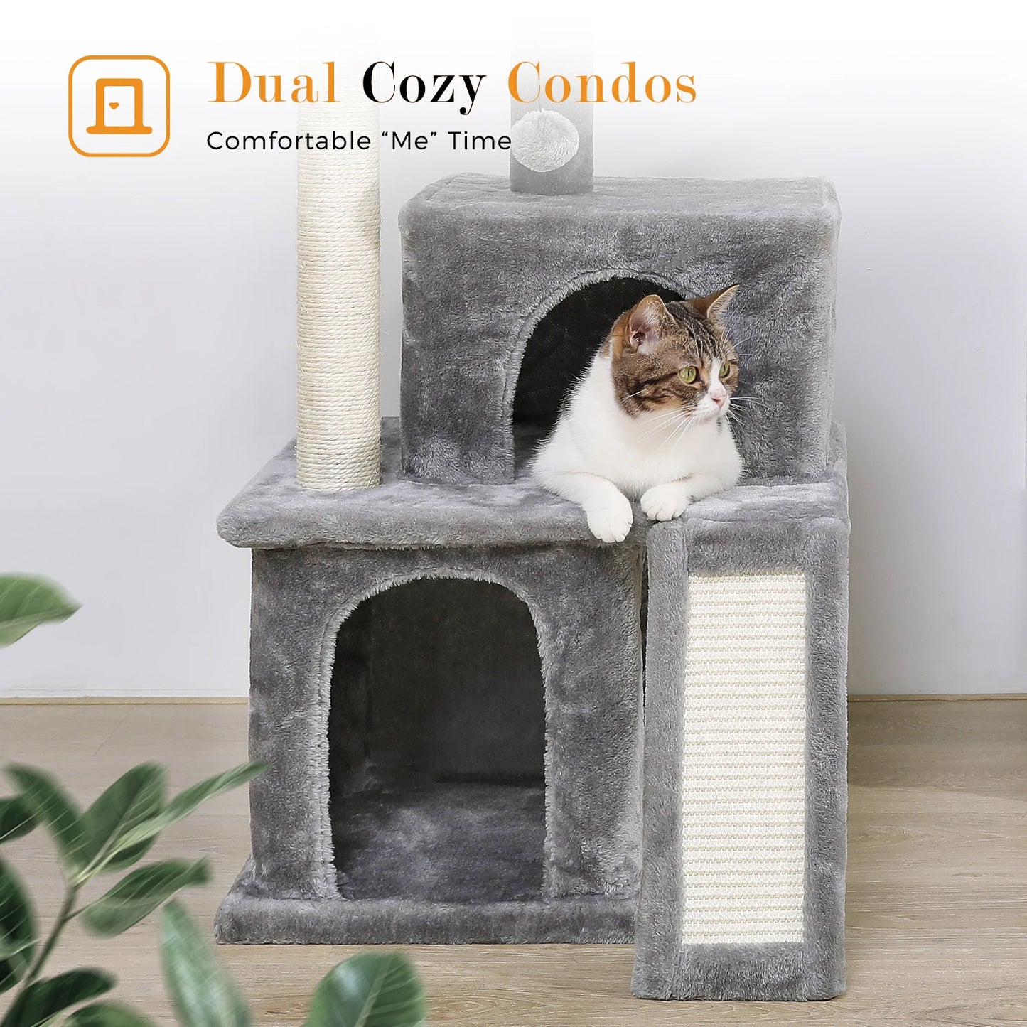 Tour en bois pour chats avec double condos – Perchoir spacieux, poteaux à griffer en sisal et jouets suspendus remplaçables