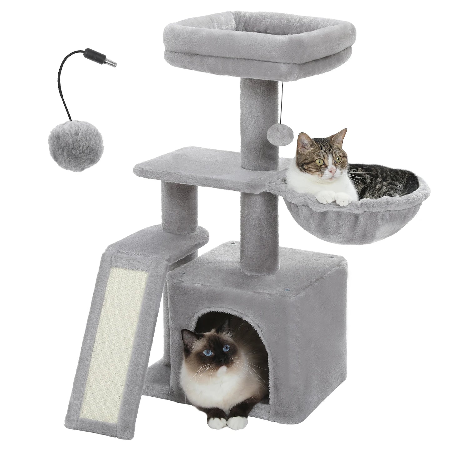 Petit arbre à chat avec griffoir en sisal naturel, grand perchoir et hamac douillet