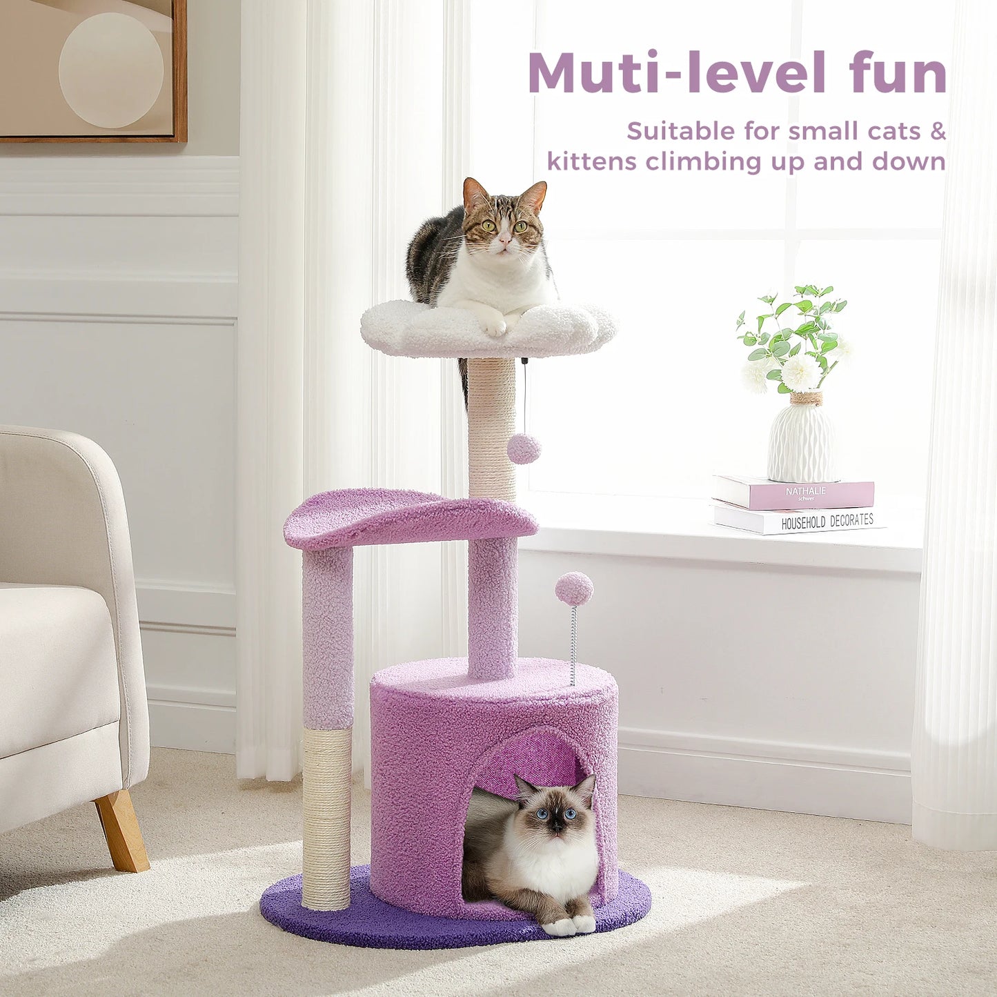 Arbre à chat en forme de cactus – Tour compacte avec condo douillet, perchoir incurvé, coussin amovible, griffoirs en sisal et jouets intégrés