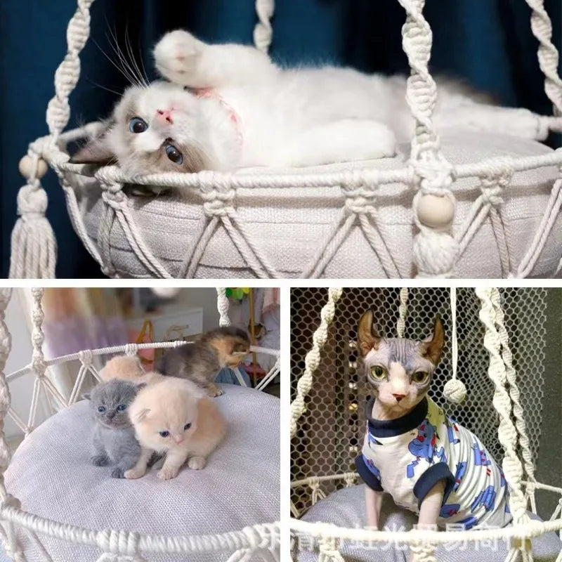 Hamac suspendu en corde pour chat – Panier tressé à accrocher en intérieur