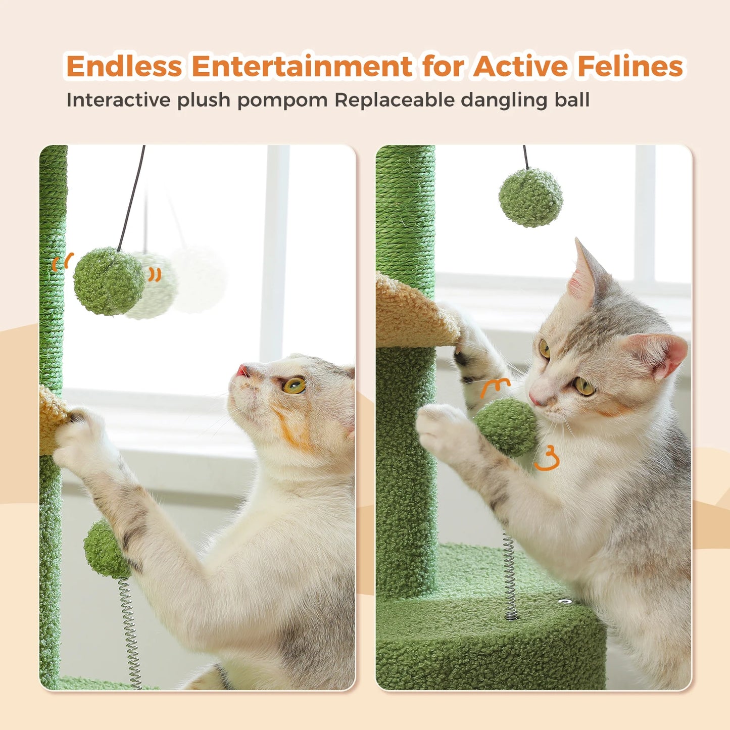 Arbre à chat en forme de cactus – Tour compacte avec condo douillet, perchoir incurvé, coussin amovible, griffoirs en sisal et jouets intégrés