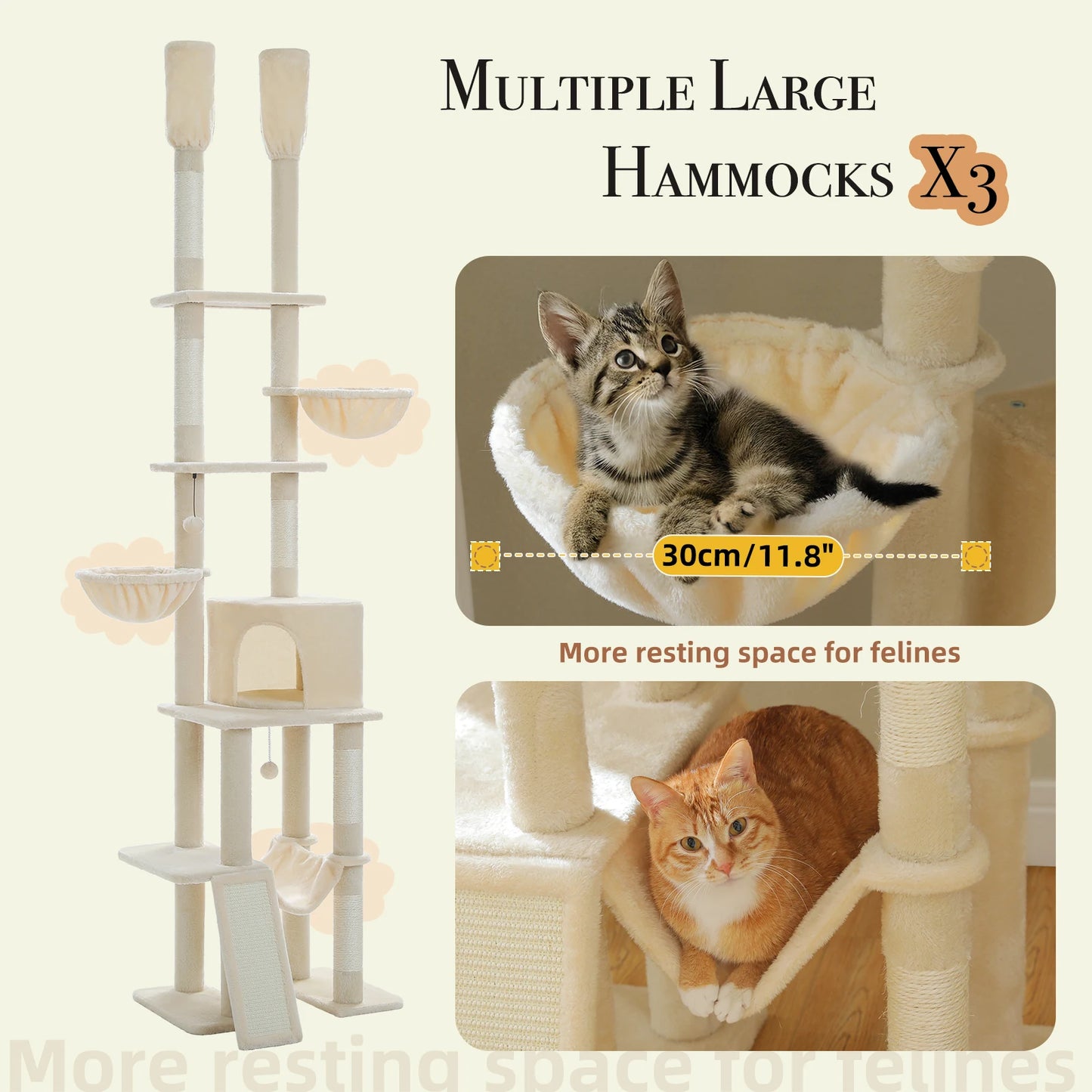 Arbre à chat fixation plafond – Tour avec griffoirs en sisal, condo douillet, hamac et hauteur réglable