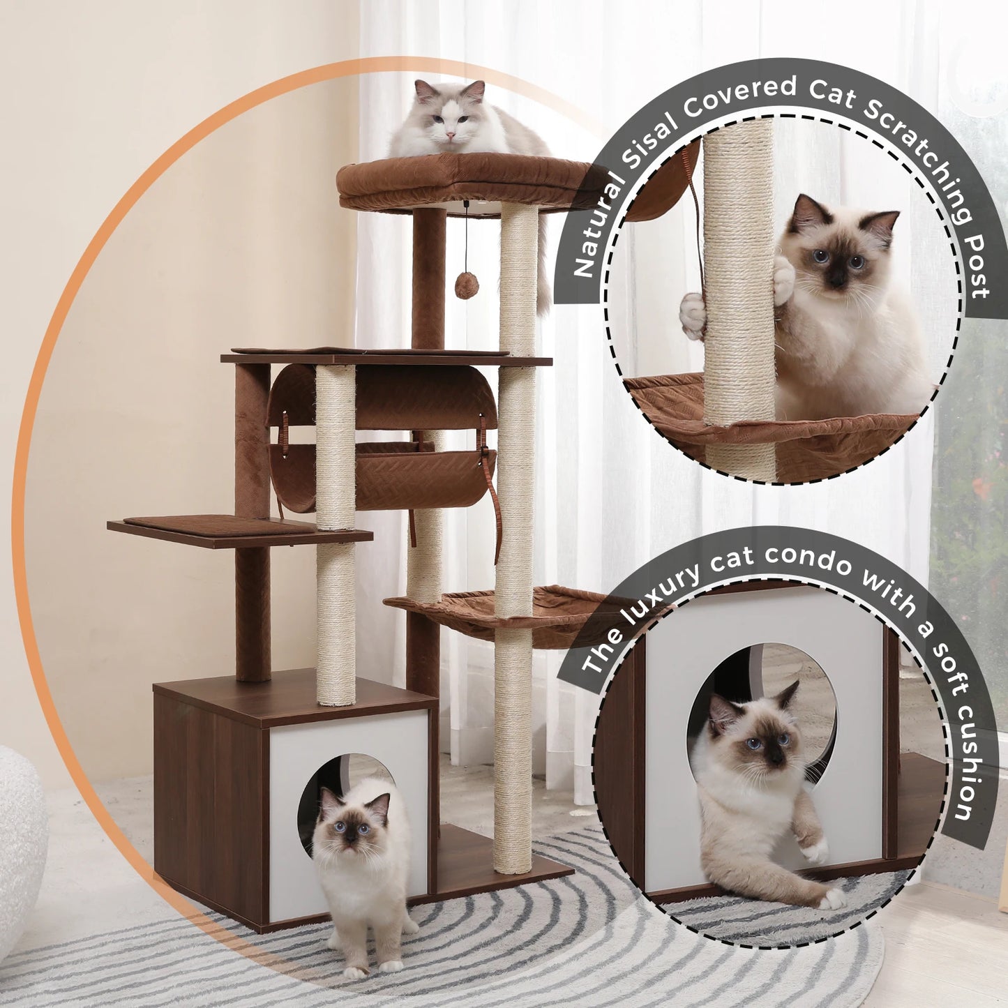 Arbre à chat moderne en bois pour chats d’intérieur – Tour avec condo douillet, hamac suspendu, tunnel de jeu, griffoirs en sisal et jouets intégrés