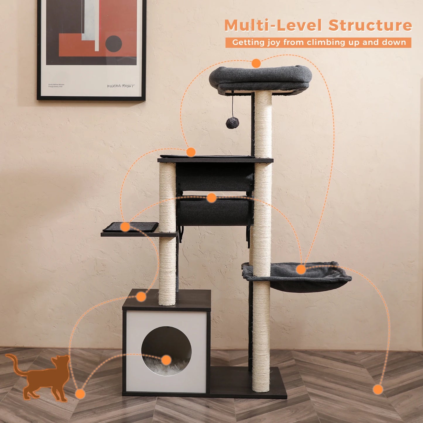 Arbre à chat moderne en bois pour chats d’intérieur – Tour avec condo douillet, hamac suspendu, tunnel de jeu, griffoirs en sisal et jouets intégrés