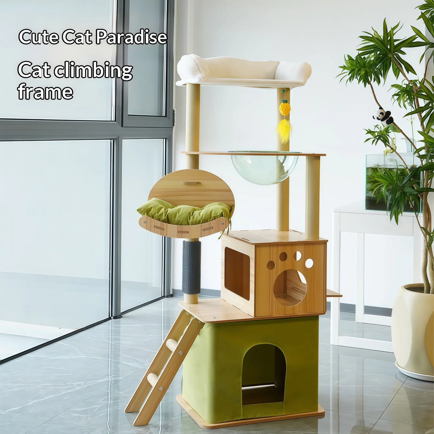 Arbre à chat en bois multi-niveaux avec niches et jeux tout-en-un