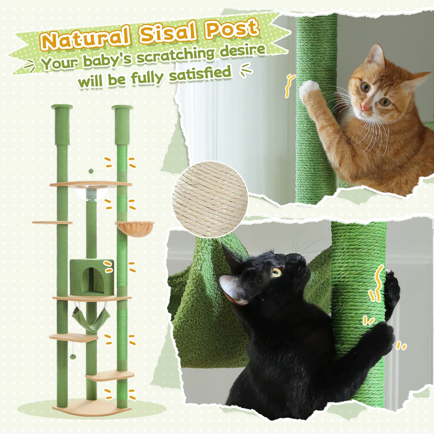 Arbre à chat fixation plafond – Tour avec griffoirs en sisal, condo douillet, hamac et hauteur réglable