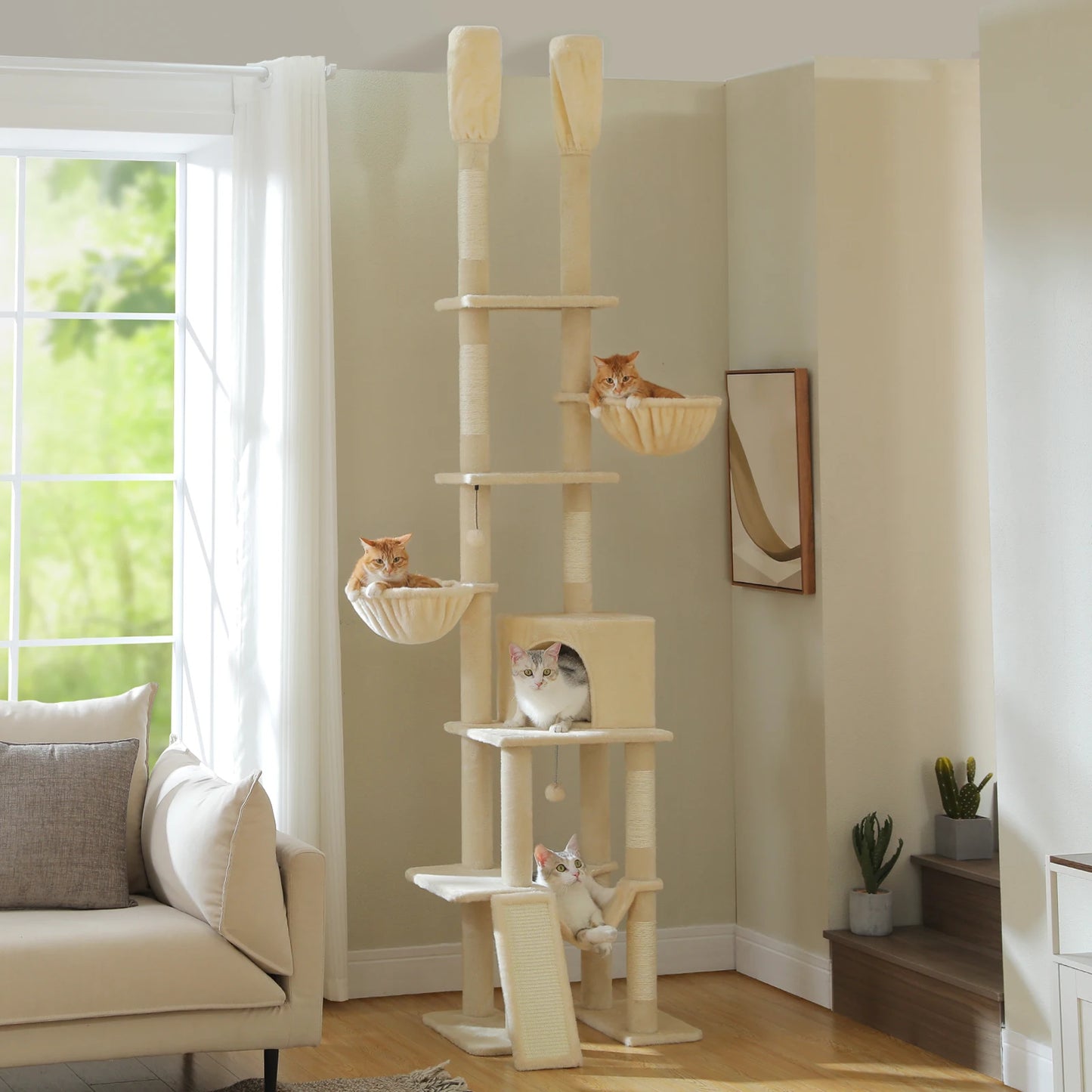 Arbre à chat fixation plafond – Tour avec griffoirs en sisal, condo douillet, hamac et hauteur réglable