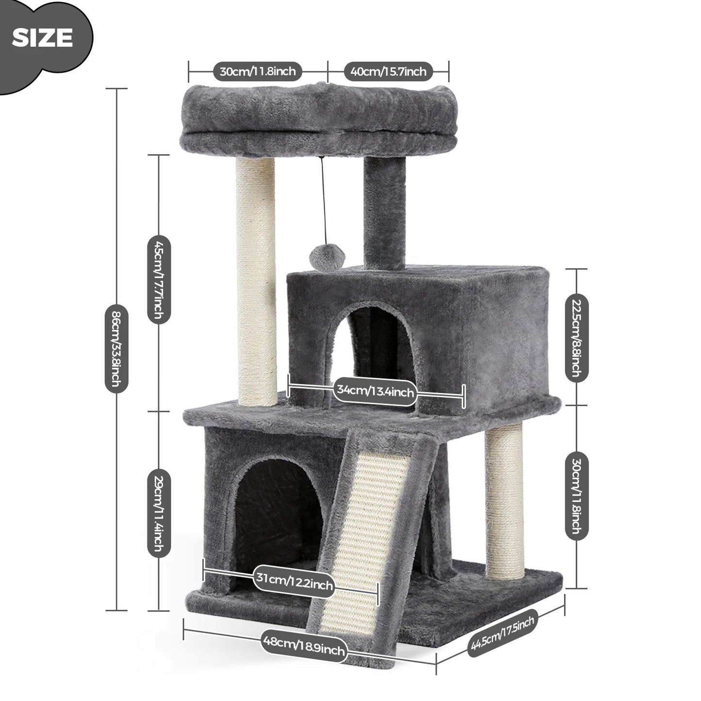 Tour en bois pour chats avec double condos – Perchoir spacieux, poteaux à griffer en sisal et jouets suspendus remplaçables