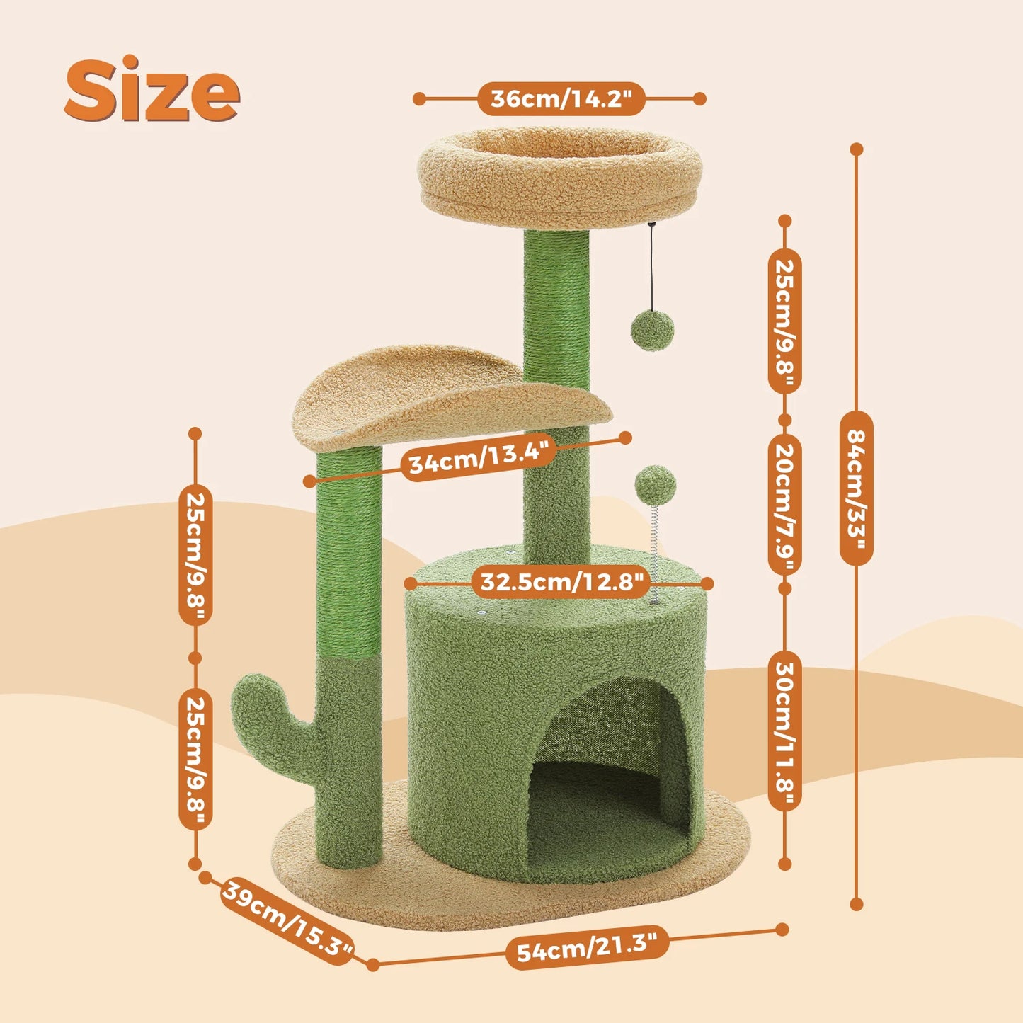Arbre à chat en forme de cactus – Tour compacte avec condo douillet, perchoir incurvé, coussin amovible, griffoirs en sisal et jouets intégrés