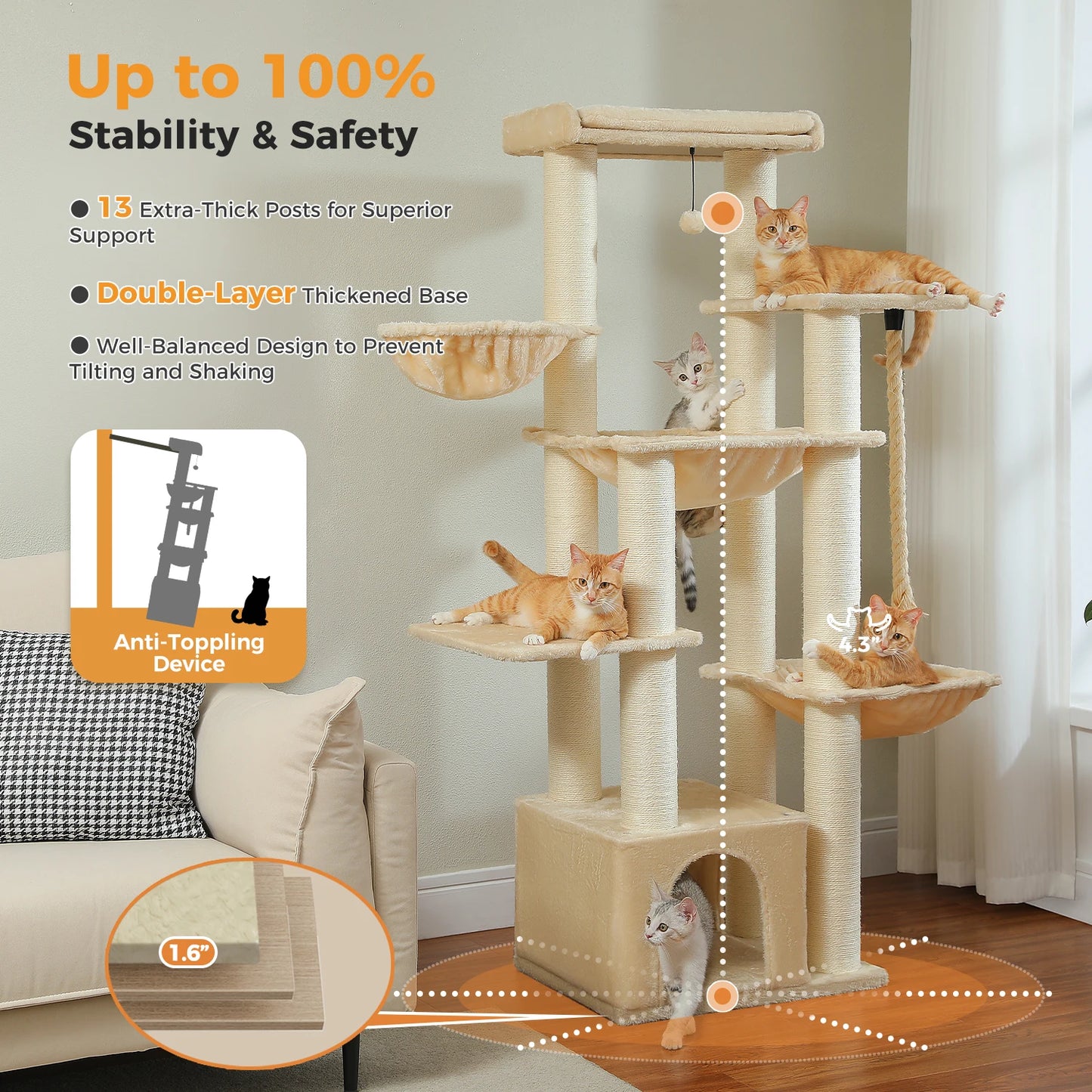 Arbre à chat XXL robuste pour grands chats – Tour avec maison, hamac, griffoirs en sisal et perchoirs multiples