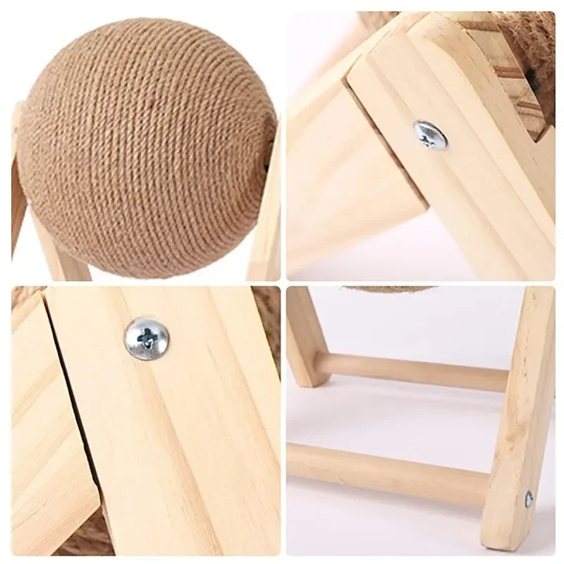Griffoir balle en sisal pour chat – Jouet rotatif sur support en bois